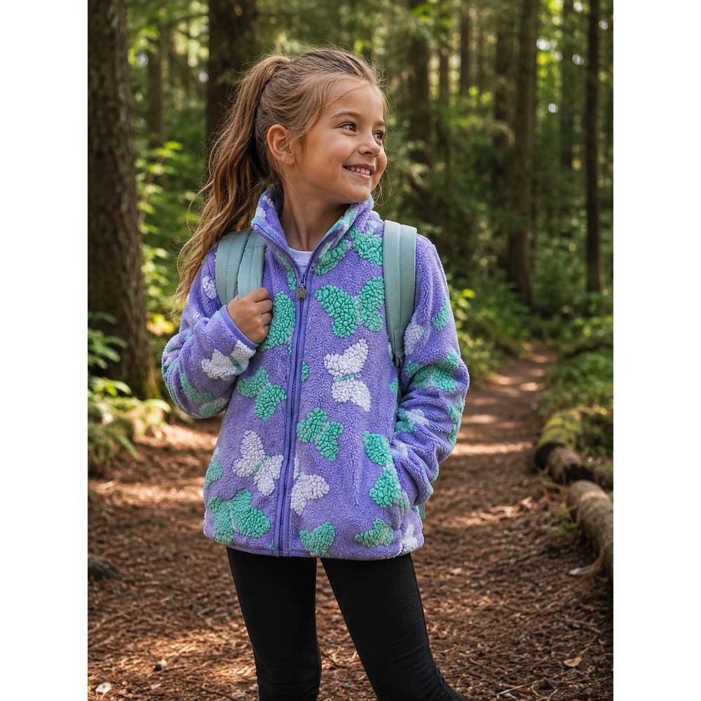 Lucky Brand Girls Purple Butterfly Fleece Zip Jacket Mint Green Sherpa Size 7/8